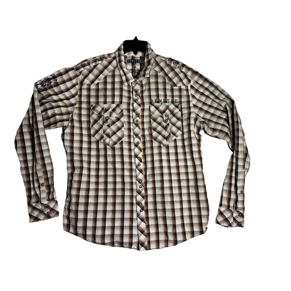 Remetee Plaid Pearl Snap L/S Christian Cross Shirt Mens XXL 2XL